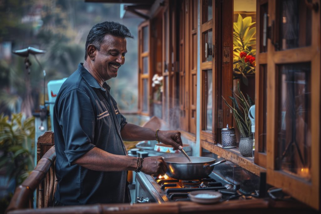 A cheerful barista works in a cozy café, serving customers with a smile, showcasing the welcoming atmosphere of local F&B businesses.